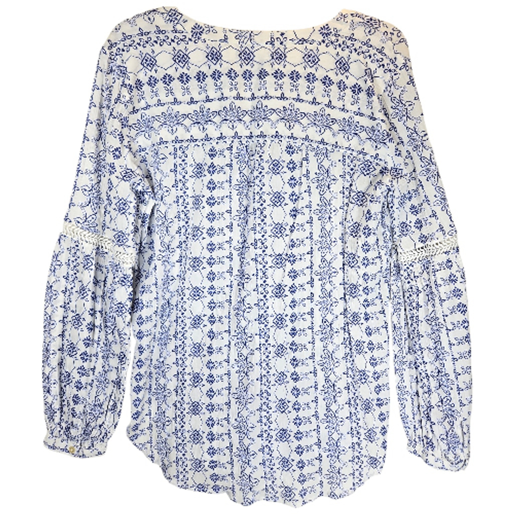 LOFT Ann Taylor Blue White Peasant Blouse Women L Boho Long Sleeve Cottagecore - Picture 6 of 7